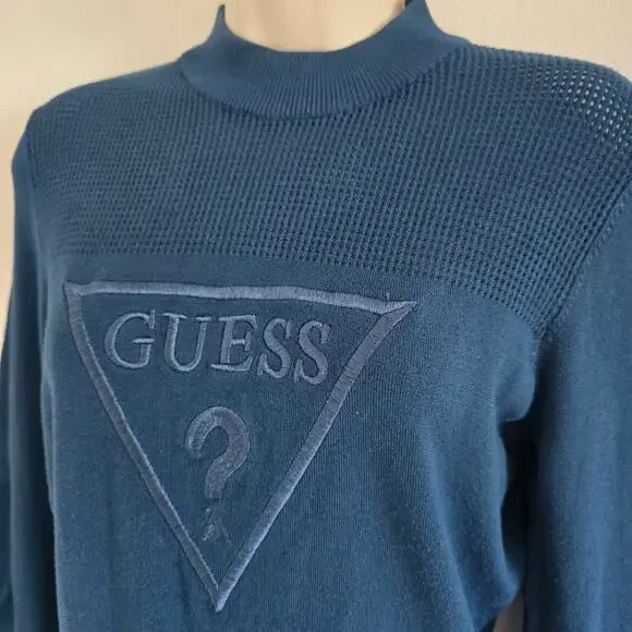 Guess Womens Logo Embroidered Mock Neck Sweater Size L Blue Long Sleeve Y2K - Picture 3 of 9